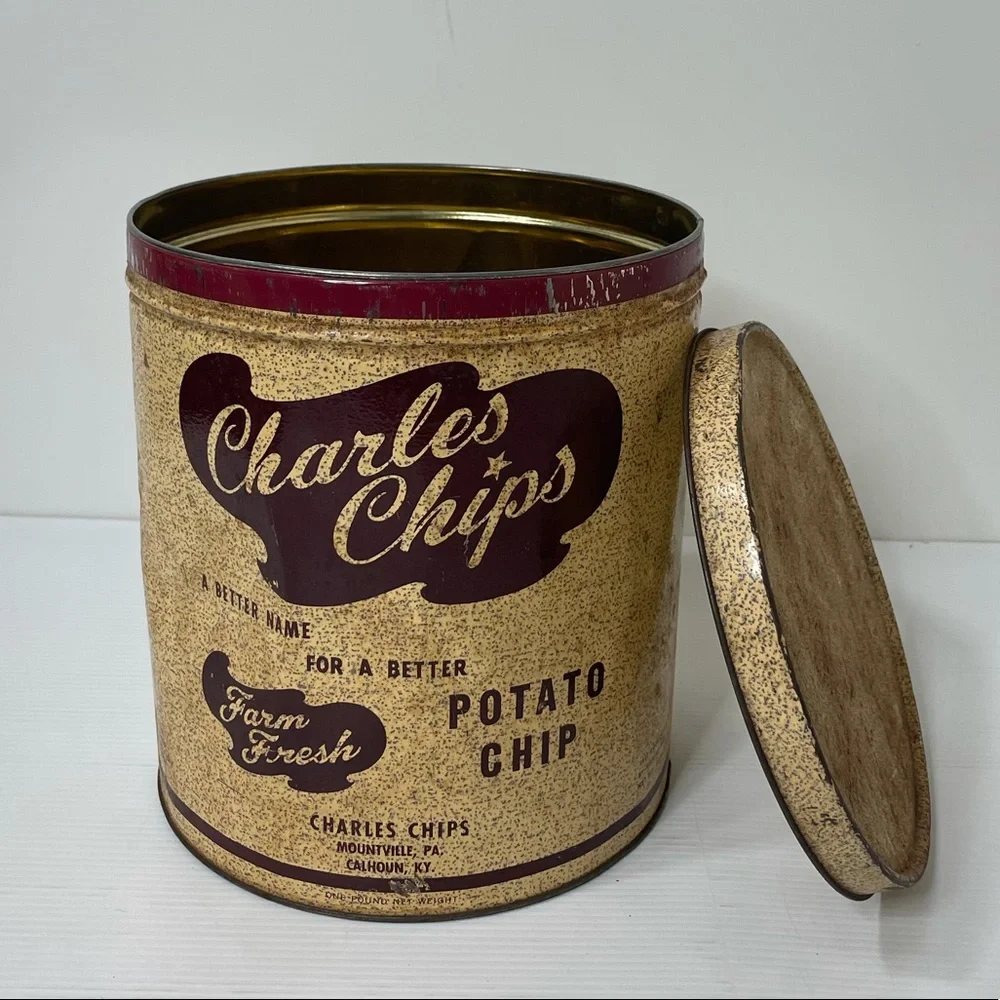 Vintage Tin Charles Chips Large Antique Farmhouse Decor MCM